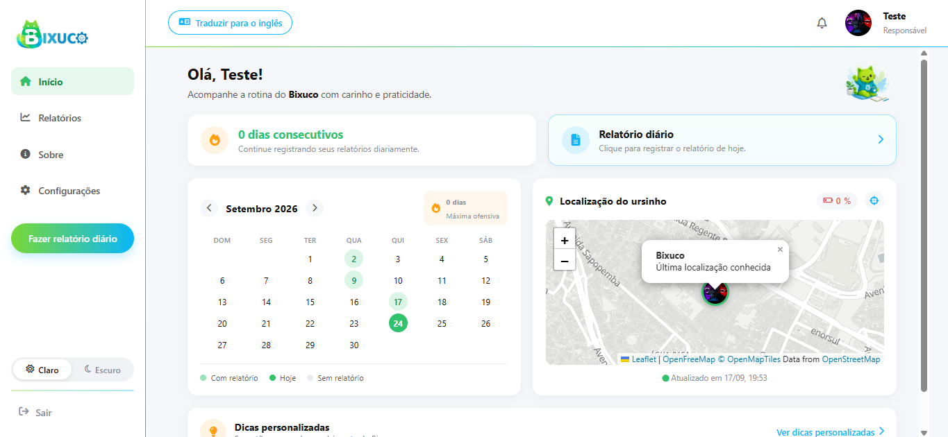Painel do Bixuco no computador